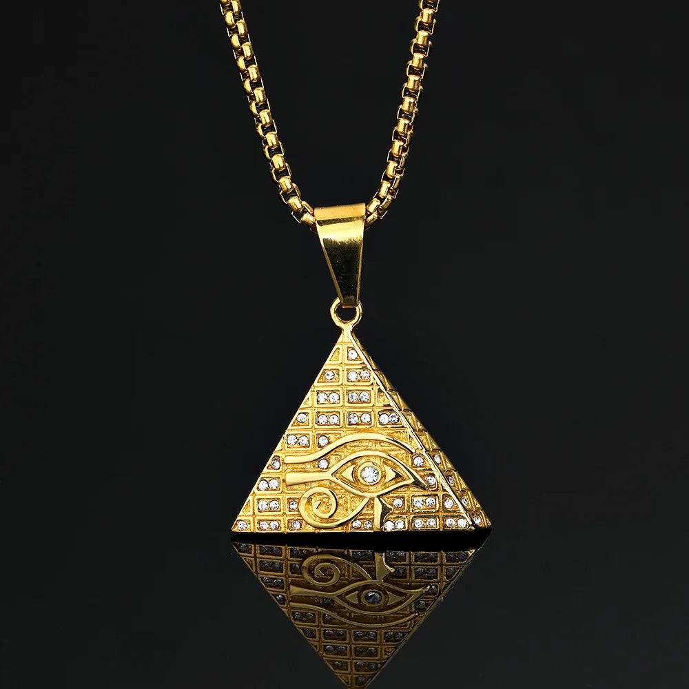 Fatingna Men's Hip Hop Stainless Steel Horus Eye Pendant Ancient Egypt Pyramid Style Gold Plated Diamond Main Stone Jewelry