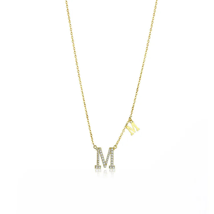 Factory Wholesale Letter M Shape Full Diamond Cz Gold Plated Initial Necklace