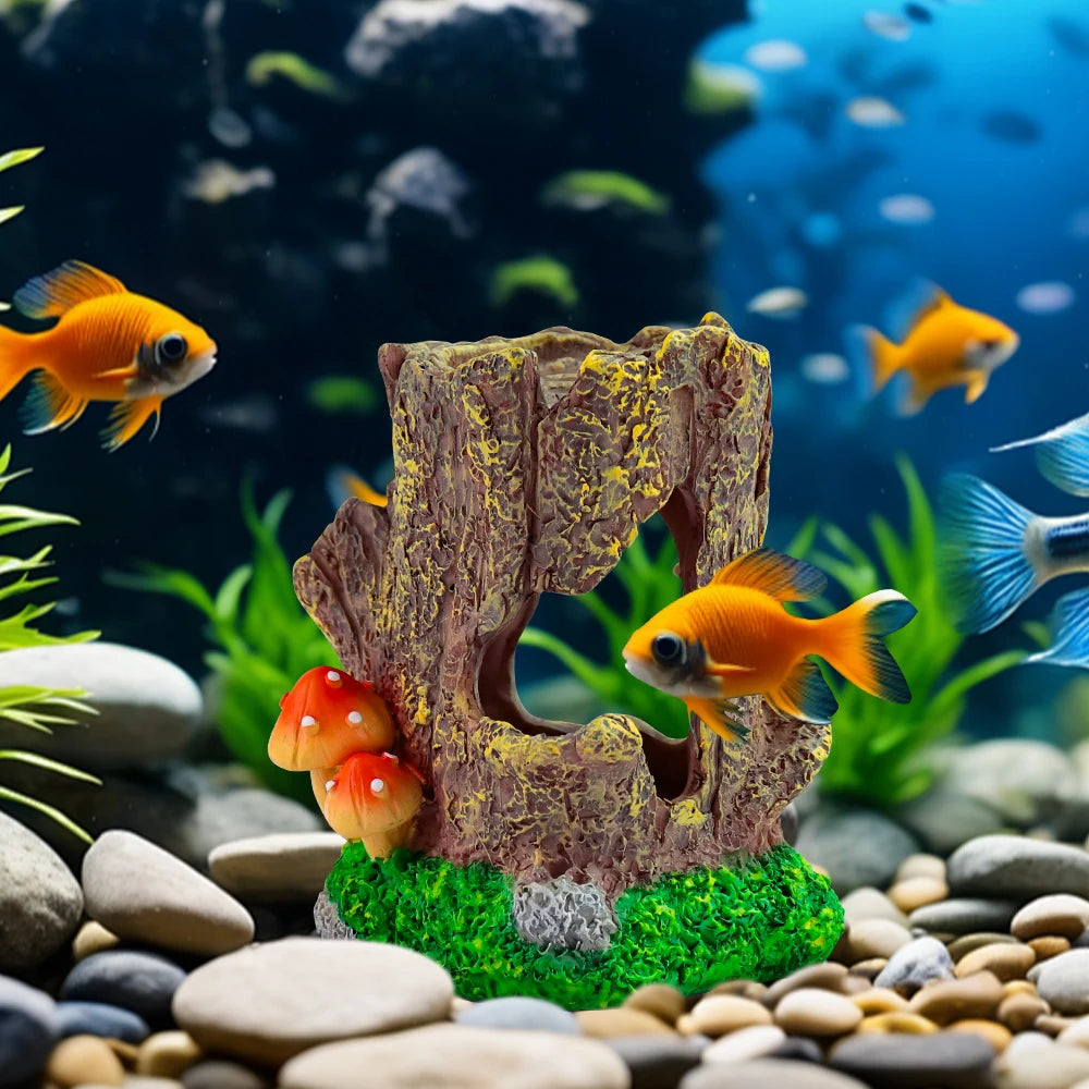 Hot Sale Natural Style Resin Tree Stump Aquarium Ornament with Moss & Mushrooms Realistic Bark Texture and Fish-Friendly Holes