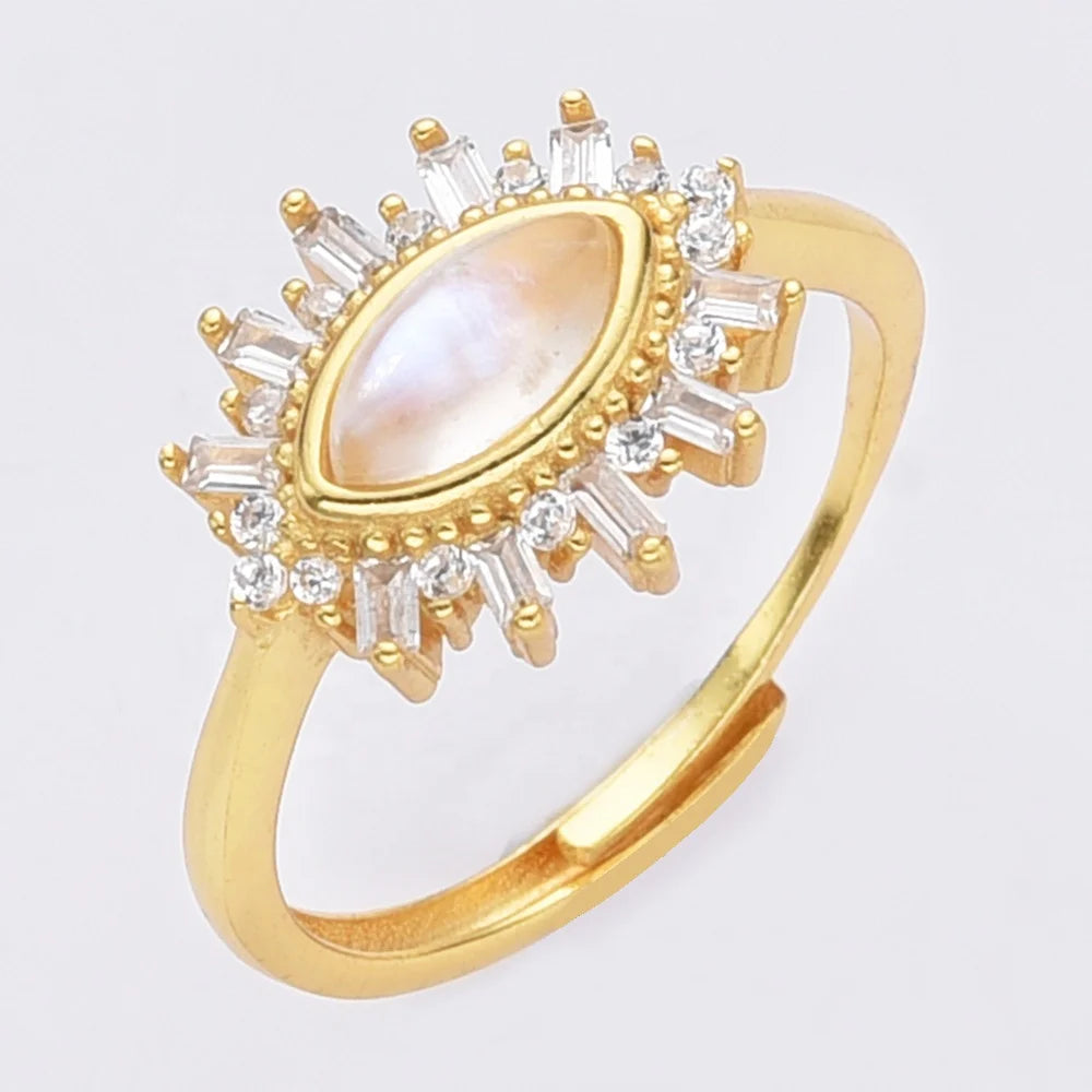 Adjustable 925 Sterling Silver Vermeil Engagement Wedding Rings Set Women Natural Rainbow Moonstone Fine Jewelry Rings