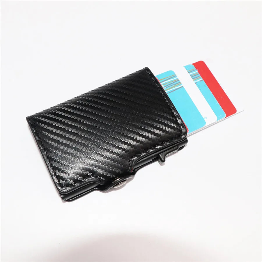 Carbon Fiber Card Wallet PU Material with RFID Blocking Function and Button Closure Side Pushing Card Holder for Credit Cards
