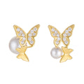 Custom Logo 925 Sterling Silver Luxury Women's Stud Earrings New Design Butterfly Pearl with Gold Color Plating