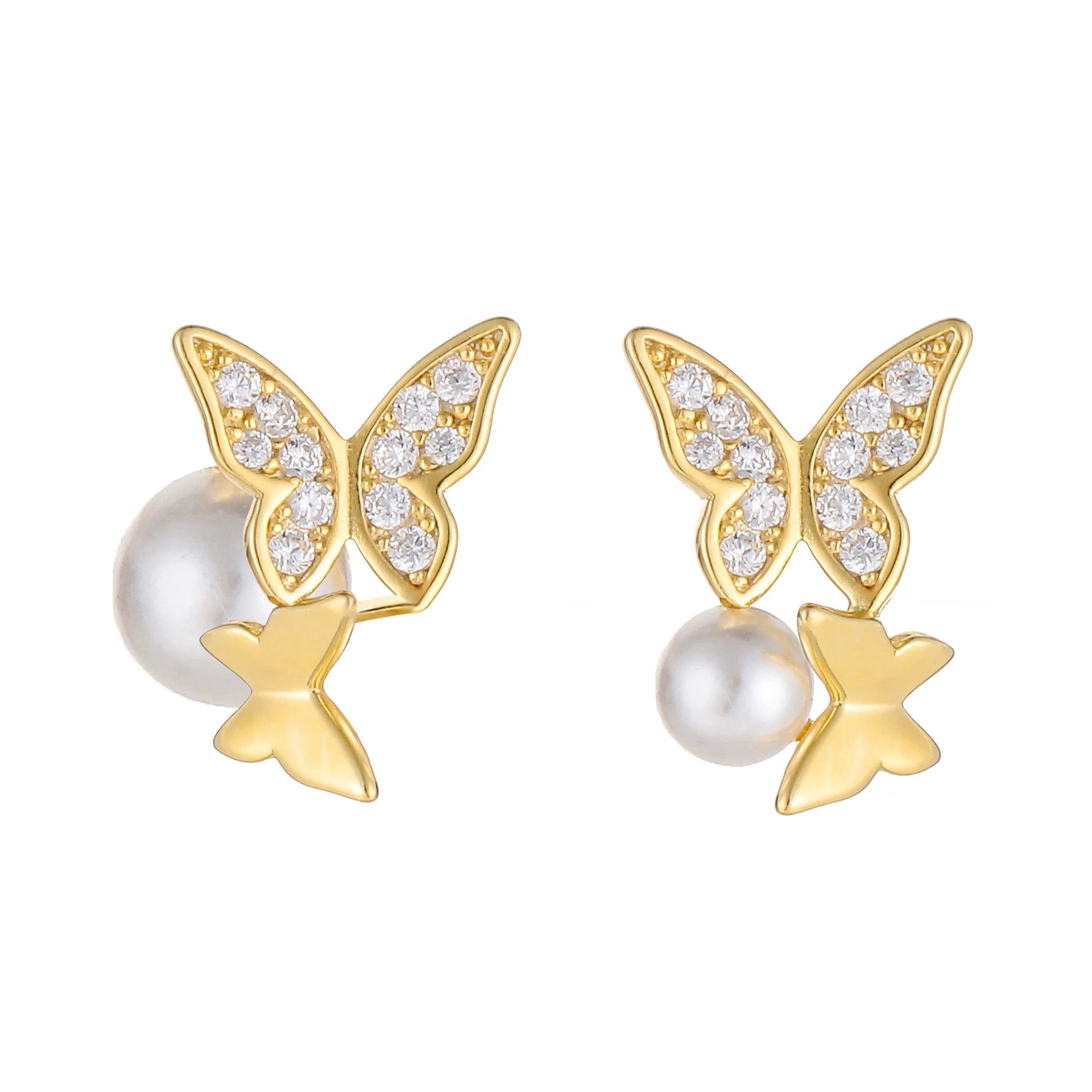 Custom Logo 925 Sterling Silver Luxury Women's Stud Earrings New Design Butterfly Pearl with Gold Color Plating