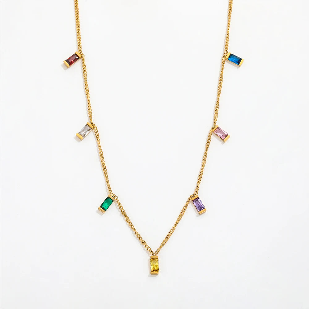 Joolim Jewelry 18K Gold Plated Colorful Rectangle Zirconia Pendant Choker Necklace Stainless Steel Jewelry Wholesale