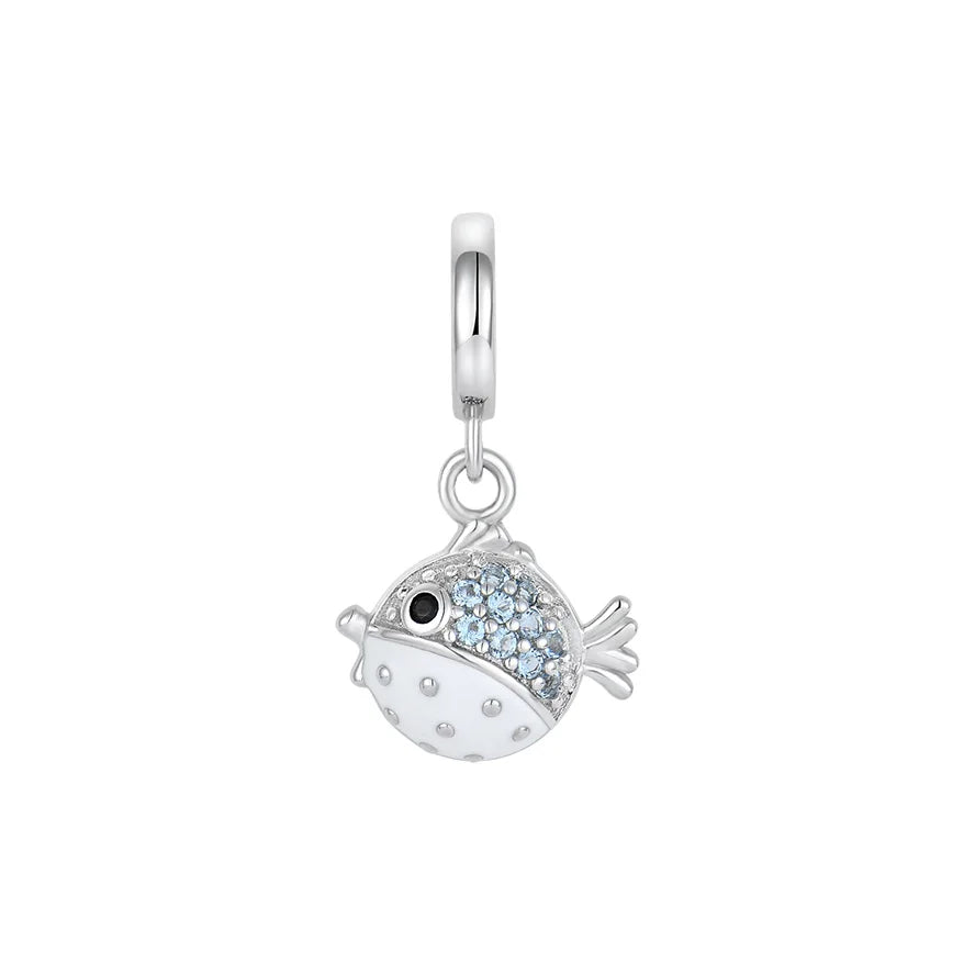 YILUN 925 Sterling Silver Cute Puffer Fish Charm Pendant Rhodium Plated Blue CZ Ocean Theme Nautical Animal Fish Charm Jewelry