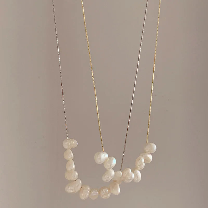 Korea Temperament Gold Plated Natural Pearl Pendant Necklace Metal Link Chain Freshwater Pearl Necklace
