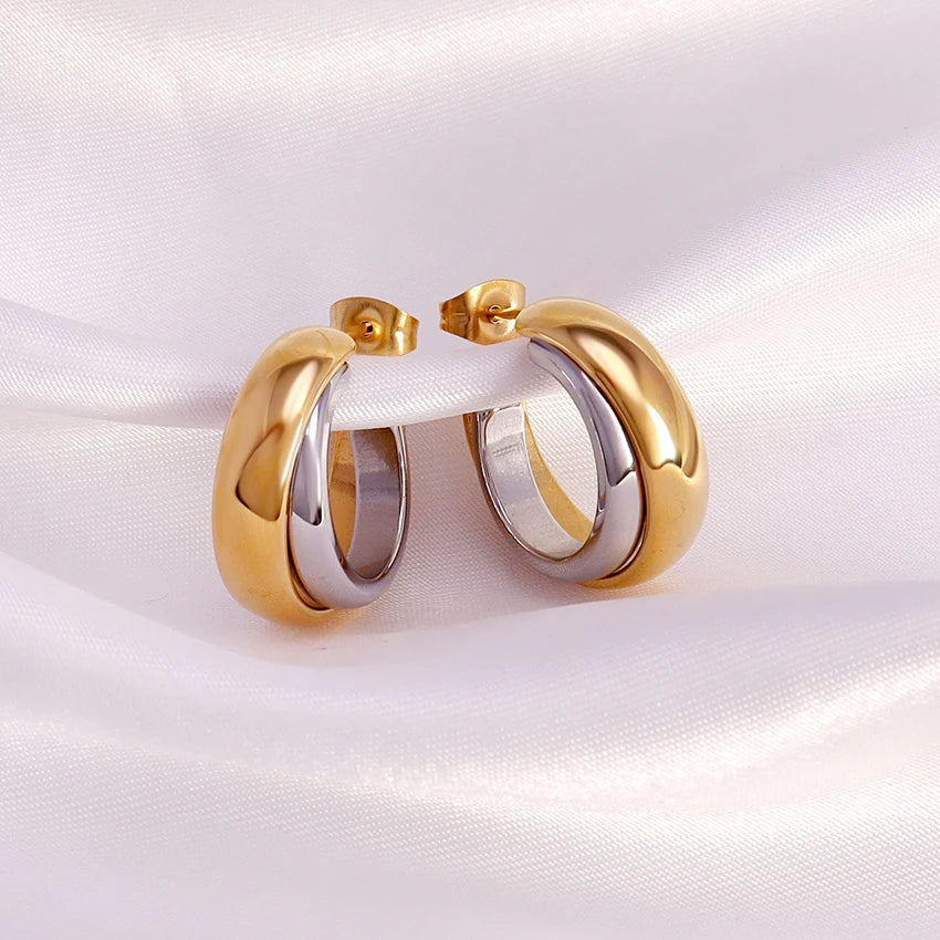 Fashion Woman Multi Layer Earrings Jewelry Stainless Steel 18K Gold Plated Double Layer Gold and Silver Earrings