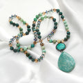 New Fashion Bohemian Retro Style Women's Jewelry 8mm Natural Stone Glass Knot Necklace Round  Drop Pendant Necklace