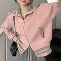 Custom Women's Casual Cardigan Knitted Turn-down Collar Sweater Coat Winter Outwear Featuring Head Zipper Contrast Color Stripe