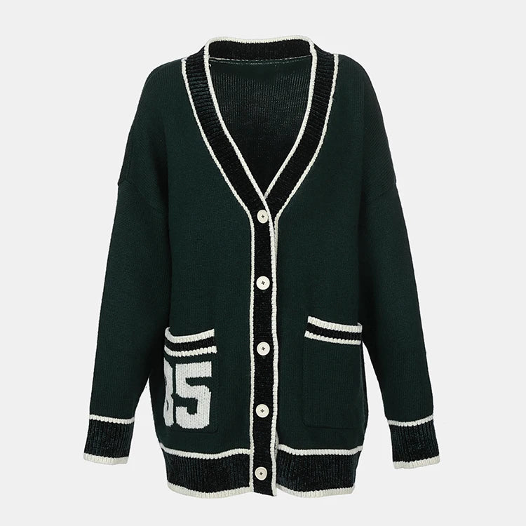 Custom Oversized V Neck Ladies Knitted Cardigan Sweater Logo Chenille Embroidery Letters Women Cardigan With Pockets