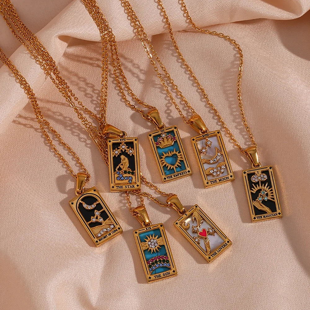 Dreamshow Trendy Square Colorful Enamel Zircon Tarot Cards Pendant Necklace 18K Gold Plated Stainless Steel Necklaces for Women