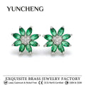 YUNCHENG Statement Flower Stud Earring Fine Jewelry White CZ Sapphire Green Emerald Brass Womens Jewelry Accessories
