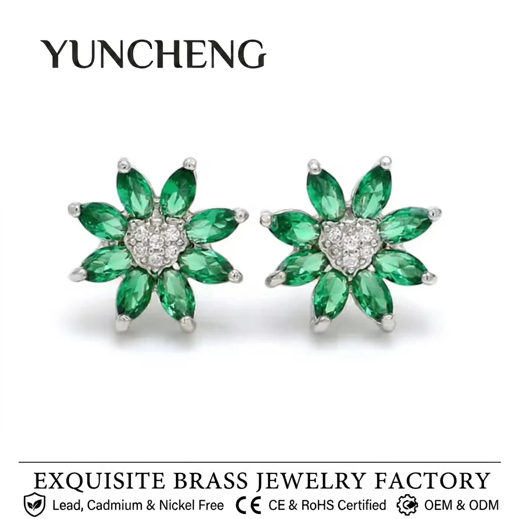 YUNCHENG Statement Flower Stud Earring Fine Jewelry White CZ Sapphire Green Emerald Brass Womens Jewelry Accessories