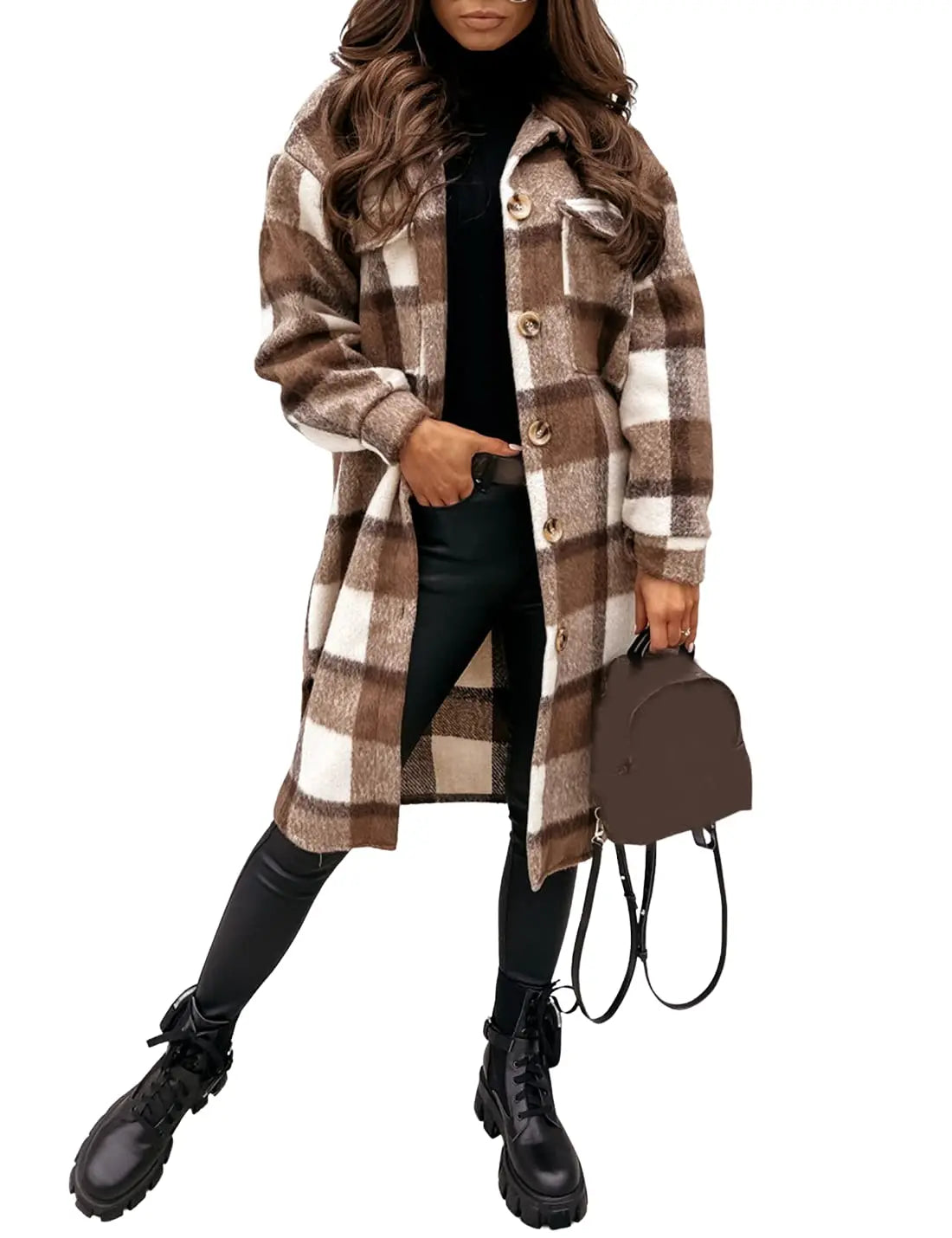 Women's Vintage Style Long Plaid Tartan Coat Casual Cotton Filled Woolen Blend Button Down Shacket with Lapel Over Shirt Jacket