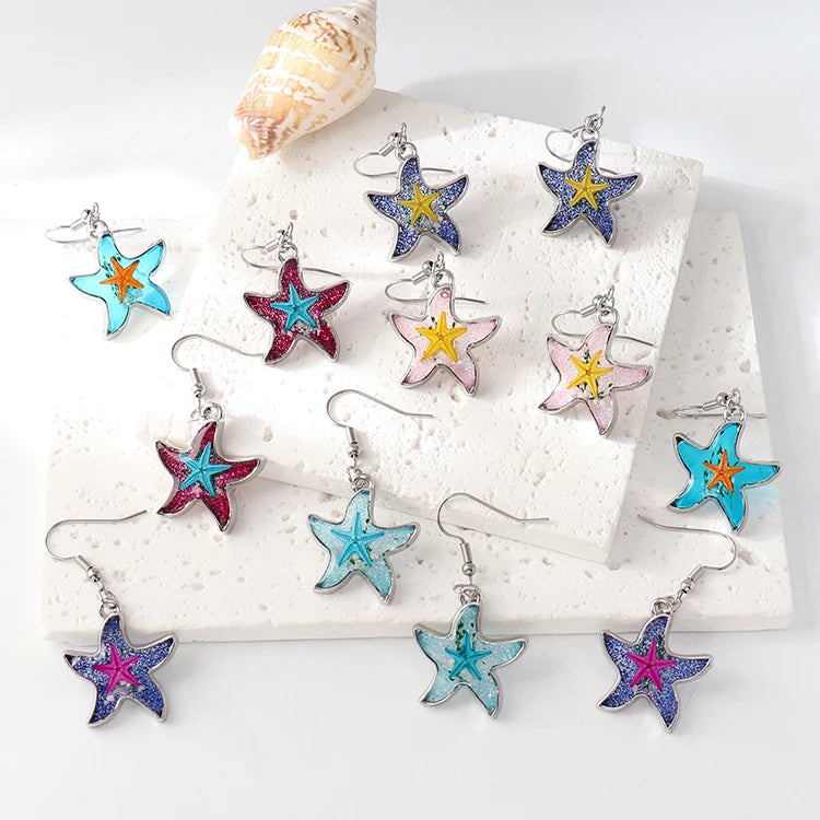 Ocean Dangle Drop Earrings Beach Themed Stainless Steel Jewelry Gifts Resin Real Starfish Dangling Earrings for Women Girls