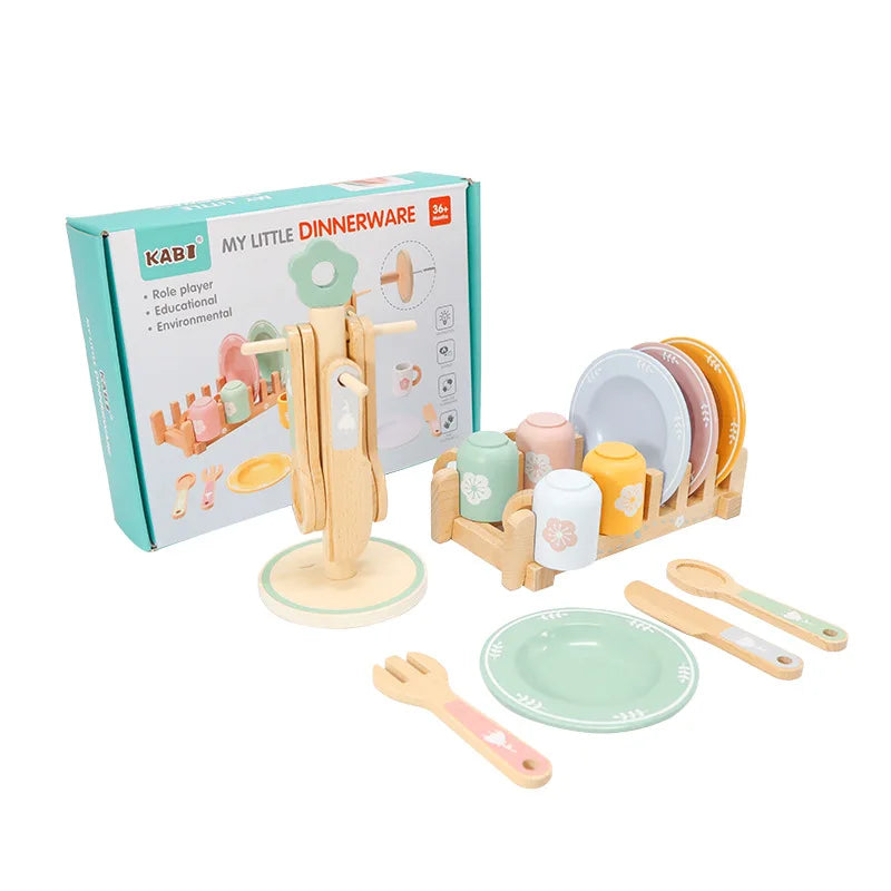 Early Education Toy Tableware Set Pretend Play Dining Table Etiquette Learning Parent-Child Interaction Wooden Toys for Children