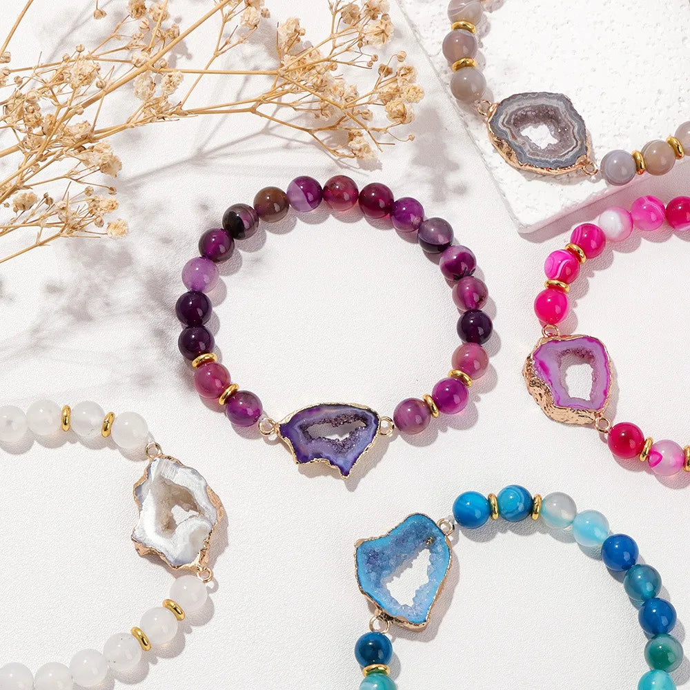 Healing Crystal Gemstone Crystals Chakra Beads Bracelet Druzy Agate Charm Bracelet 8mm Round Stretchable Bracelet for Her Gift