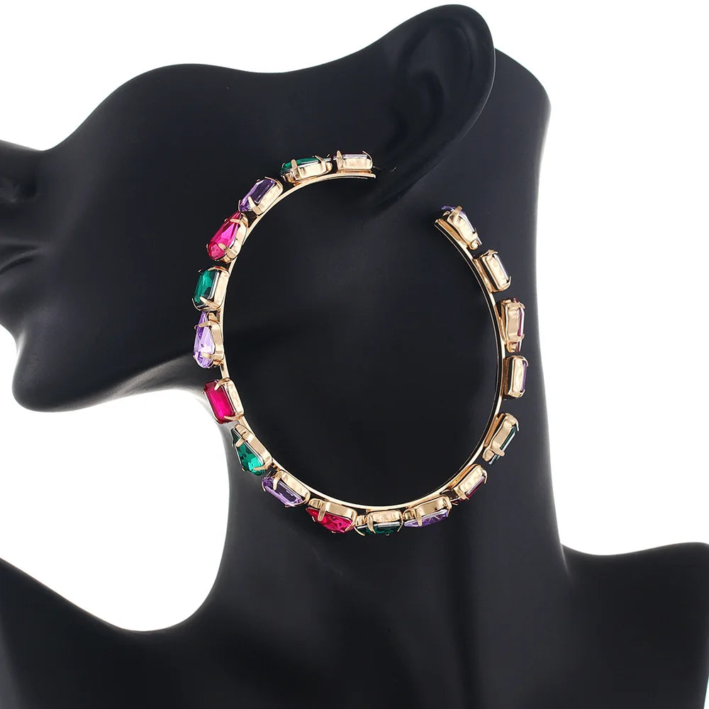 BOXUAN Fashion Rhinestone Earrings Multi Color Women's Jewelry Large Hoop Gold Plated Cushion Cut Bohemian Party Wedding Gift