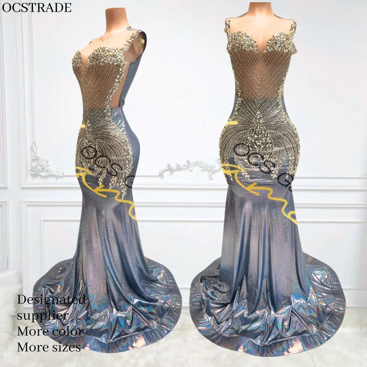 Ocstrade Women Maxi Dress Modest Floor-Length Summer 2023 Mesh Rhinestone Pink Mermaid Plus Size Prom Dresses for Women Elegant