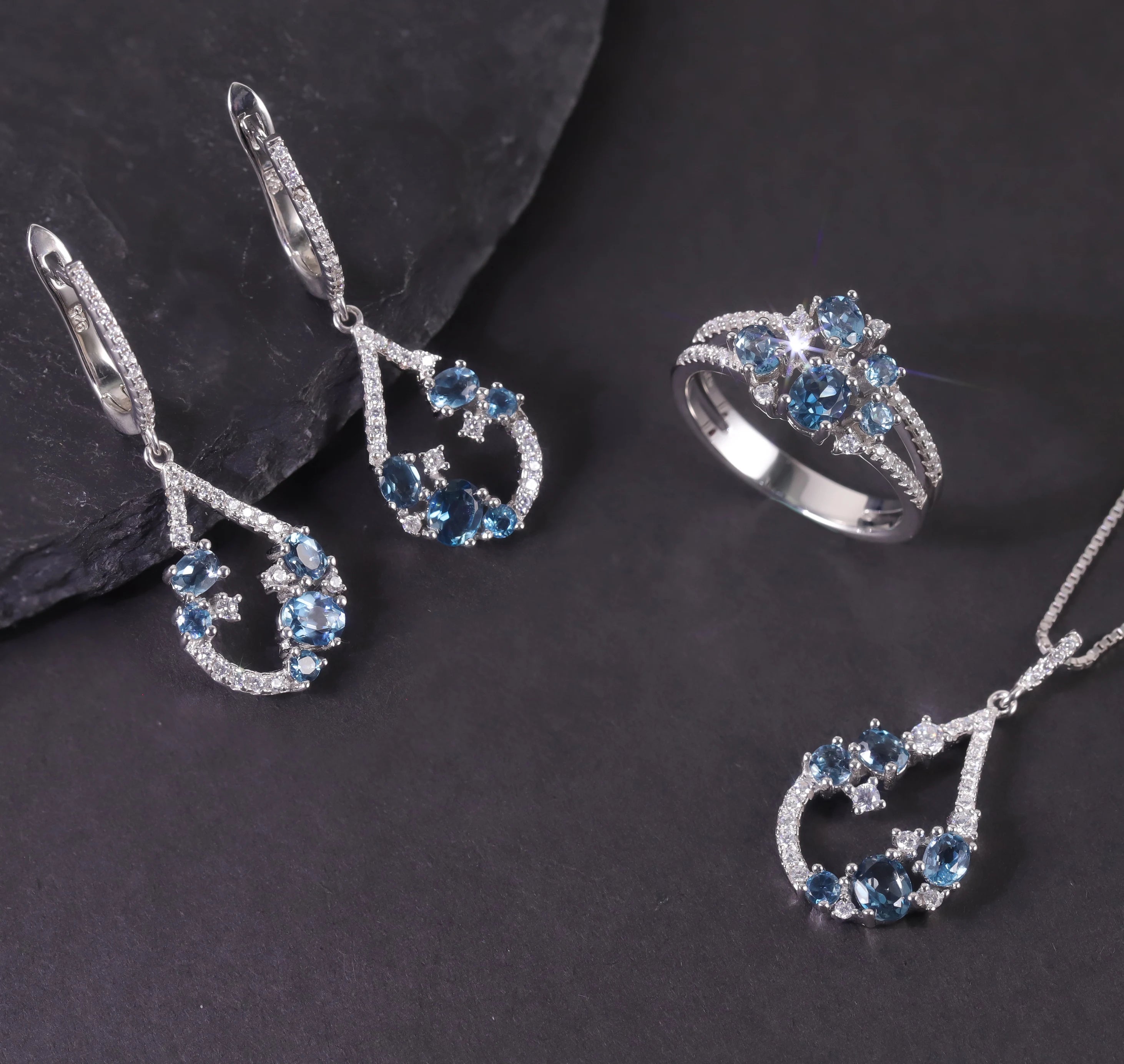 W0463 Wholesale Gemstone Jewelry Natural London Blue Topaz Rhodium Plated S925 Silver Jewelry Set Blue Gems Modern Jewelry Set