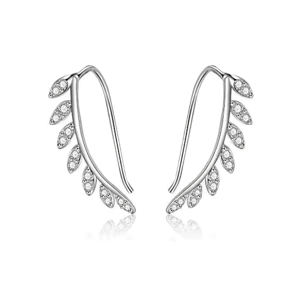 Hypoallergenic Jewelry 925 Sterling Silver Cube Zircon Ear Crawler Cuff Leaf Climber Earrings