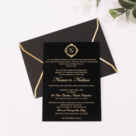 Luxury Gold Foiling DIY Black Velvet Wedding Invitation Cards Gold Edge Personalized Logo Paper Material Music Stocked Envelope