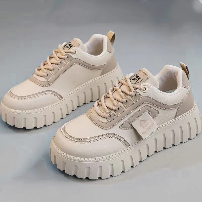 Fashion Girls Walking Style Chunky Sneakers PU Leather Students Sports Tenis Para Mujer Lace up Casual Shoes for Women