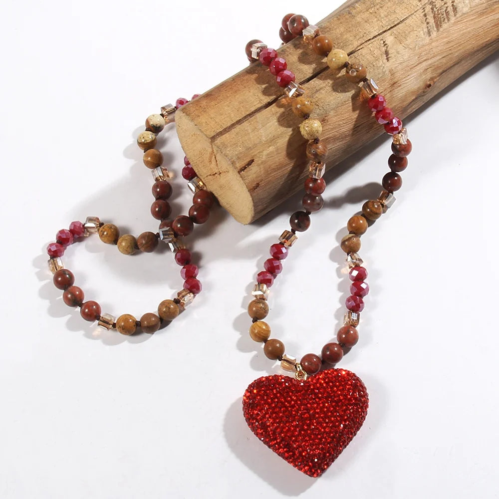 Beautiful Women Jewelry Valentine Lover Gift 8mm Natural Stone Crystal Glass Necklace Rhinestone Clay Heart Pendant Necklace