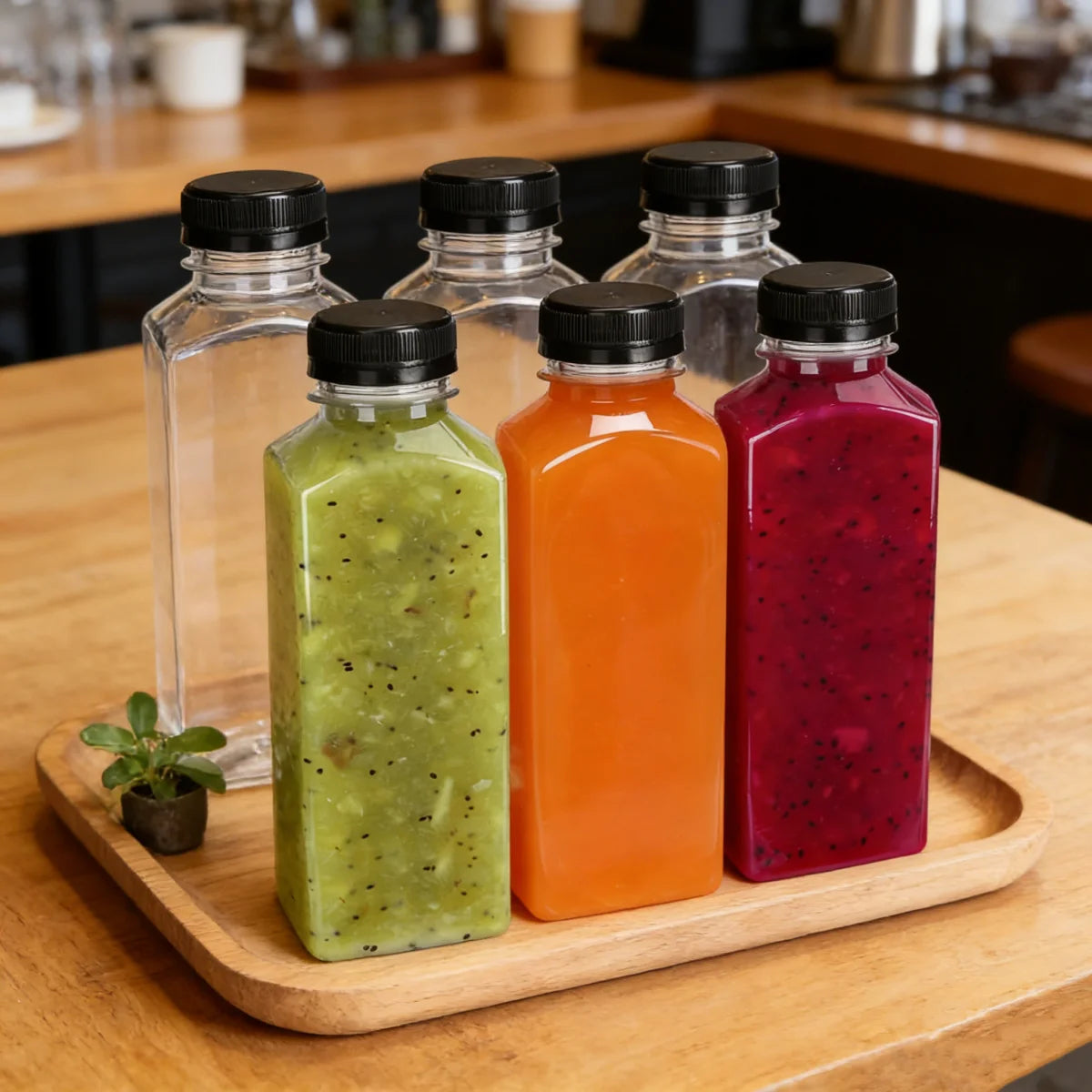Reusable Plastic Juice Bottles with Leak Proof Caps Used for PET Plastic Bottles of Beverage Smoothies Milk and Water