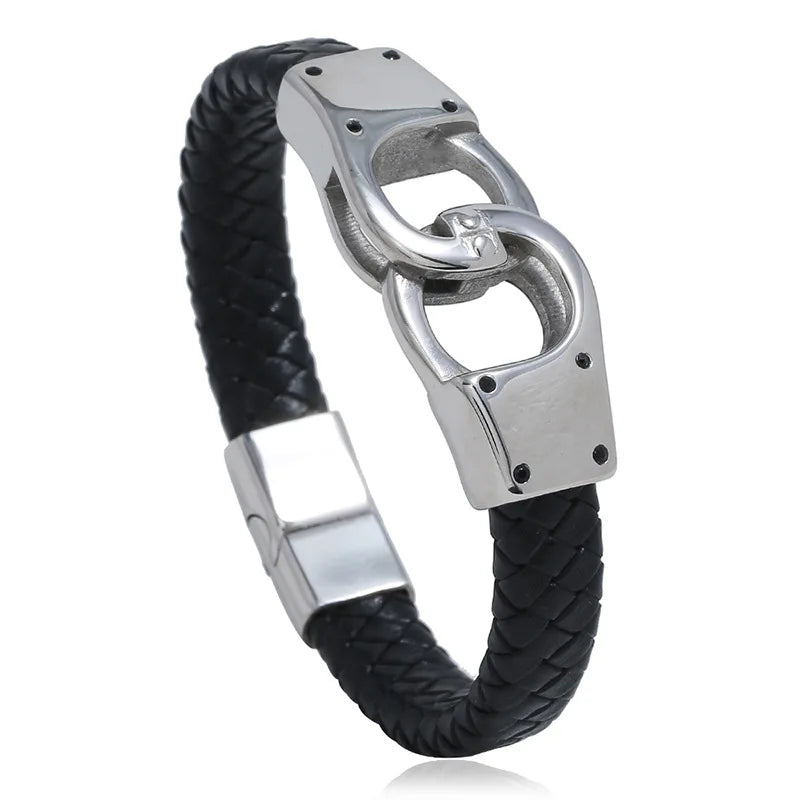 Hot Selling Stainless Steel Braided Handcuffs Shape Simple Punk Rock Men's Rhodium Plated PU Leather Geometric Jewelry for