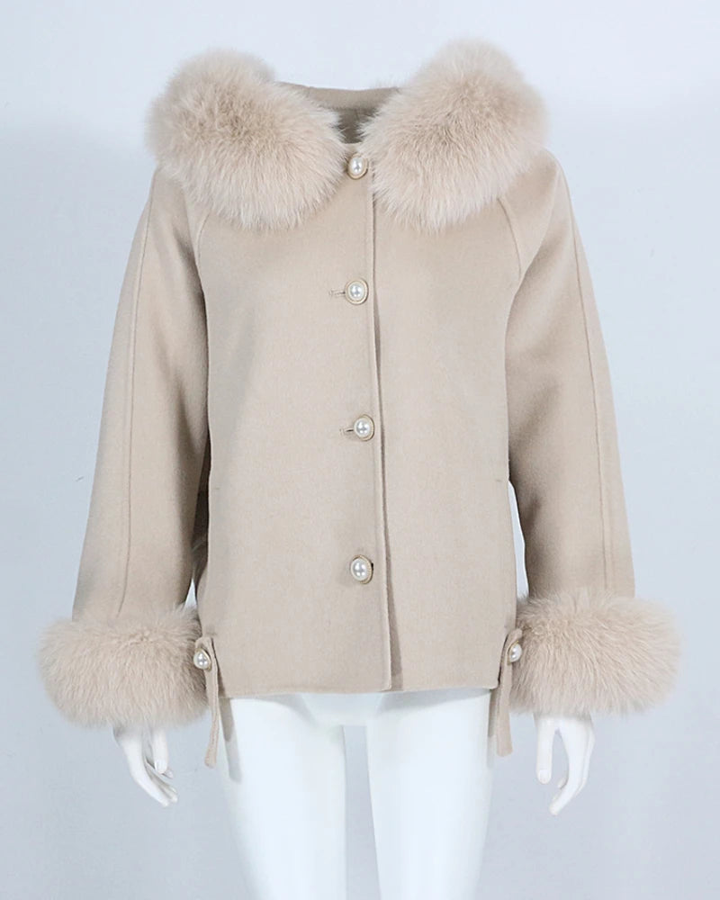 OFTBUY 2023 Autumn New Leisure Boxy Single Breasted Women Blends Coat Real Fur Collar Hooded Loose Woolen Coat with Wool Lining