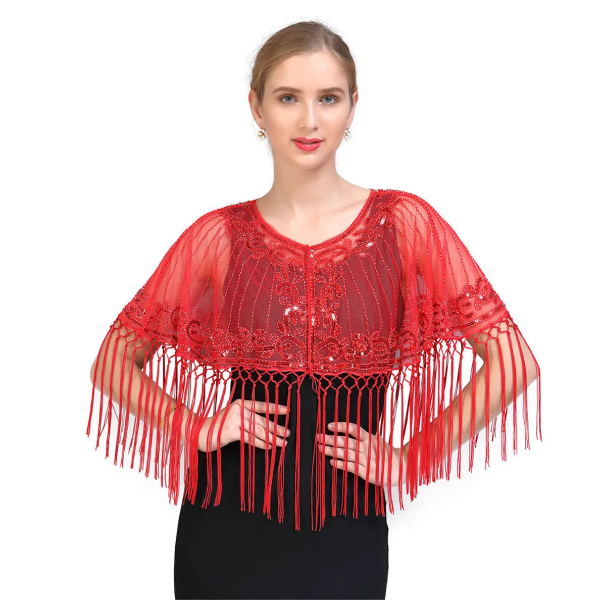 Elegant 1920s Flapper Sequin Beaded Shawl Wrap Polyester for Spring for Wedding Harlem Night or Evening Party Dress