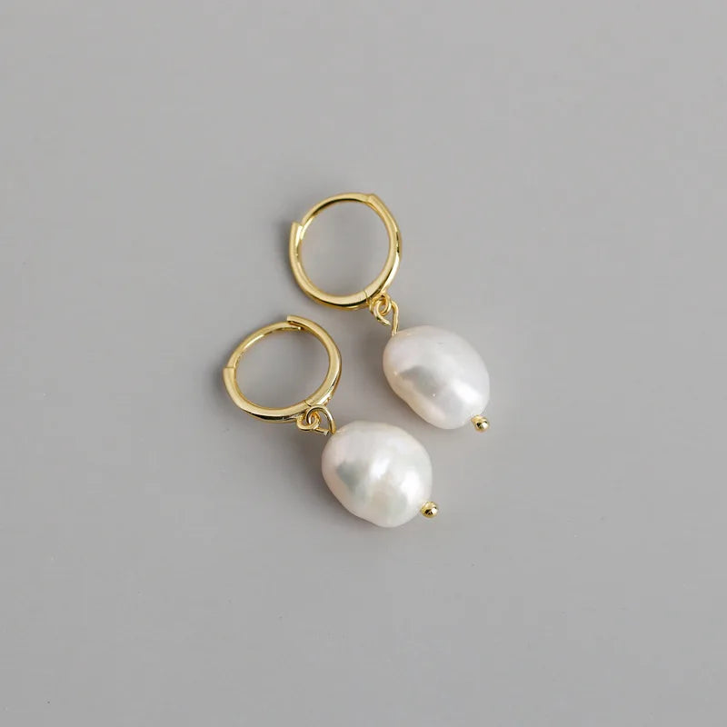Fine 925 Silver 18K Gold Plate Irregular Baroque Fresh Water Pearl Drop Hoop Earrings Jewelry for Women Pearl Earrings Set