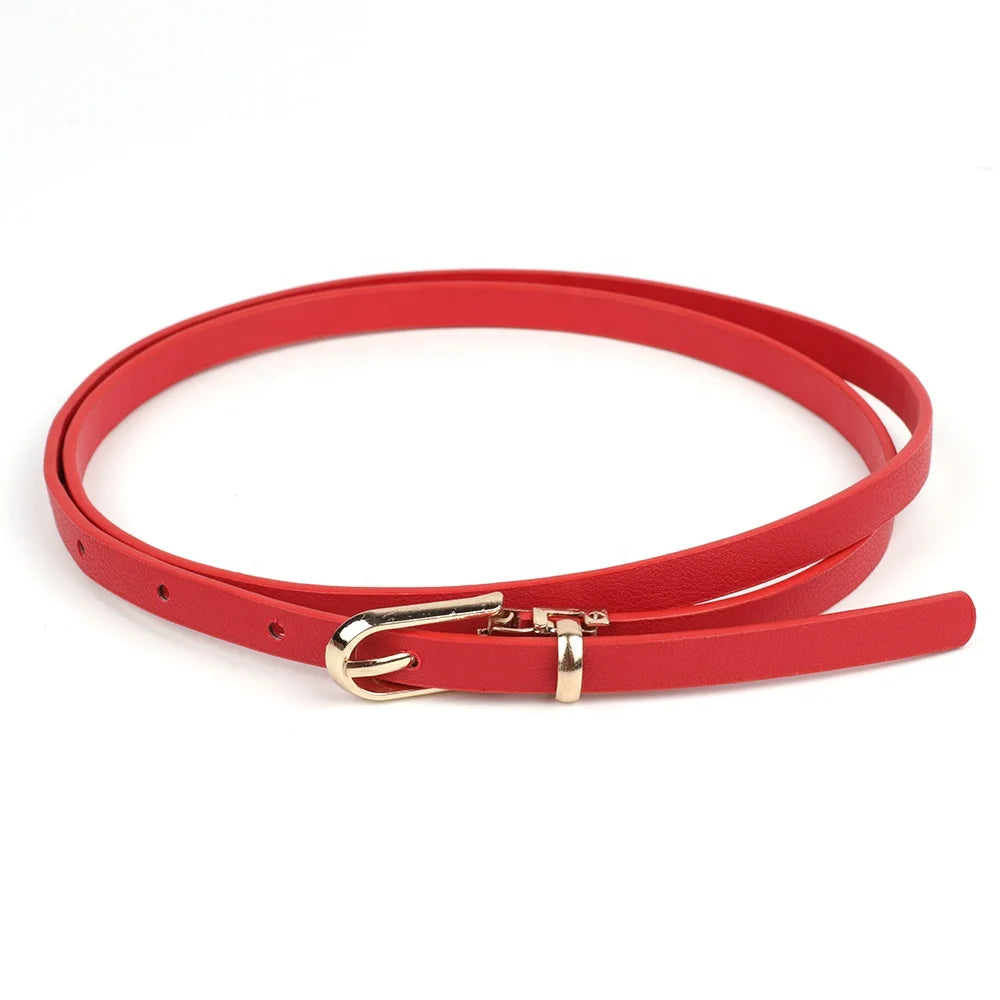 PU Leather Waist Thin Belt With Metal Buckles Ladies 1cm Width Trousers Belt for Dress