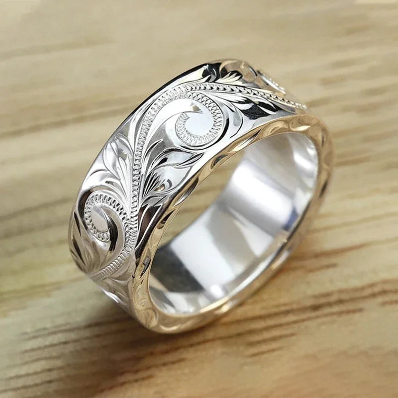 Huitan S925 Wholesaler Custom Simple Flower Pattern Design Wide Band Rings for Women Engagement Fashion 925 Sterling Silver Ring