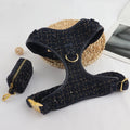 New Material Hot Gold Knitted Jacquard Fabric Dog Harness Velvet Adjustable Customized Brand Pet Harness Vest Collar Leash Set