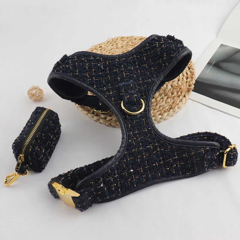 New Material Hot Gold Knitted Jacquard Fabric Dog Harness Velvet Adjustable Customized Brand Pet Harness Vest Collar Leash Set