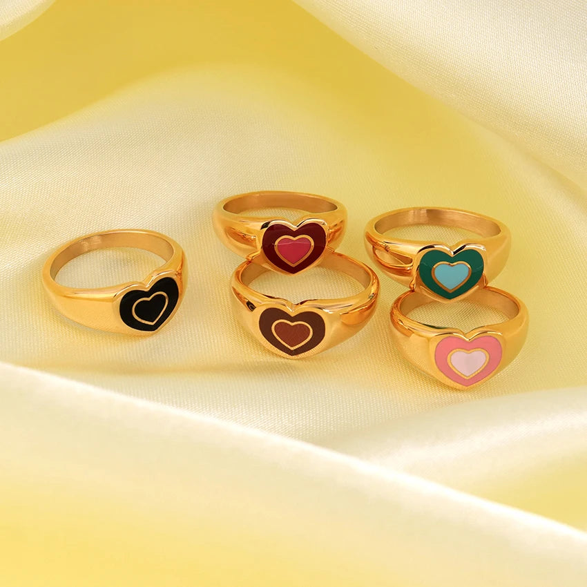 Summer 2023 Jewelry Multi-Color Heart Enamel Ring Minimalist Colorful Signet Ring Gold Plated Double Heart Ring