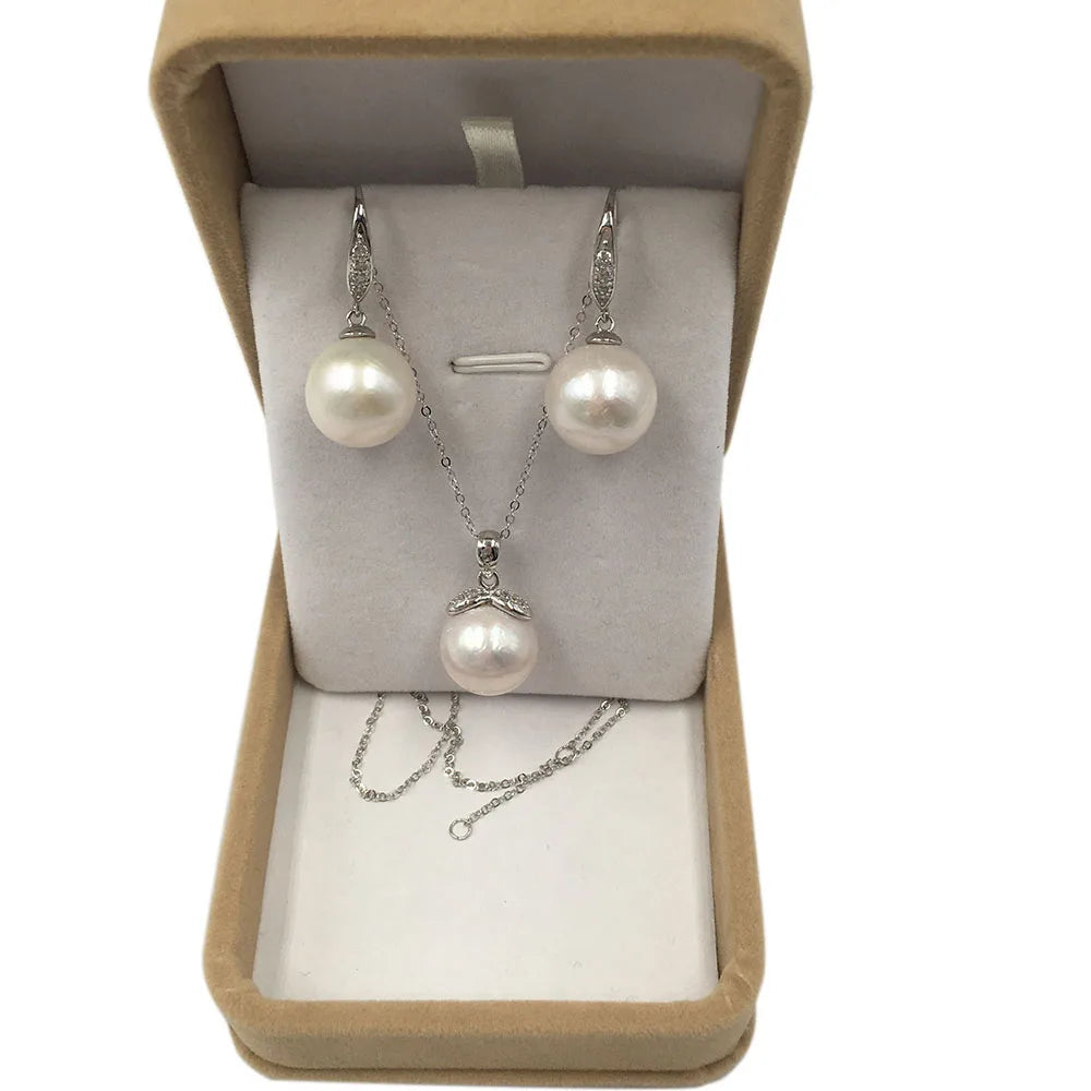 925 Silver Jewelry Set 14-15 MM Big Perfect ROUND Nature Freshwater Pearl Pendant Necklace and Earring