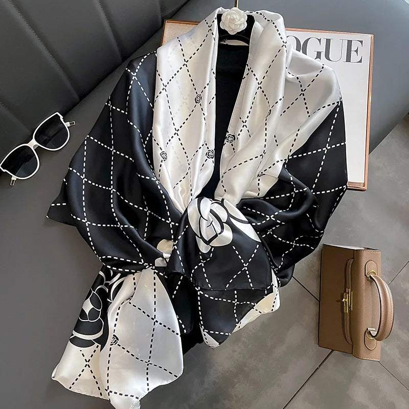 Hot Selling Luxury Designer Black and White Flower Pattern Silk Scarves Head Wraps Scarf for Lady Summer Silk Printed Shawls