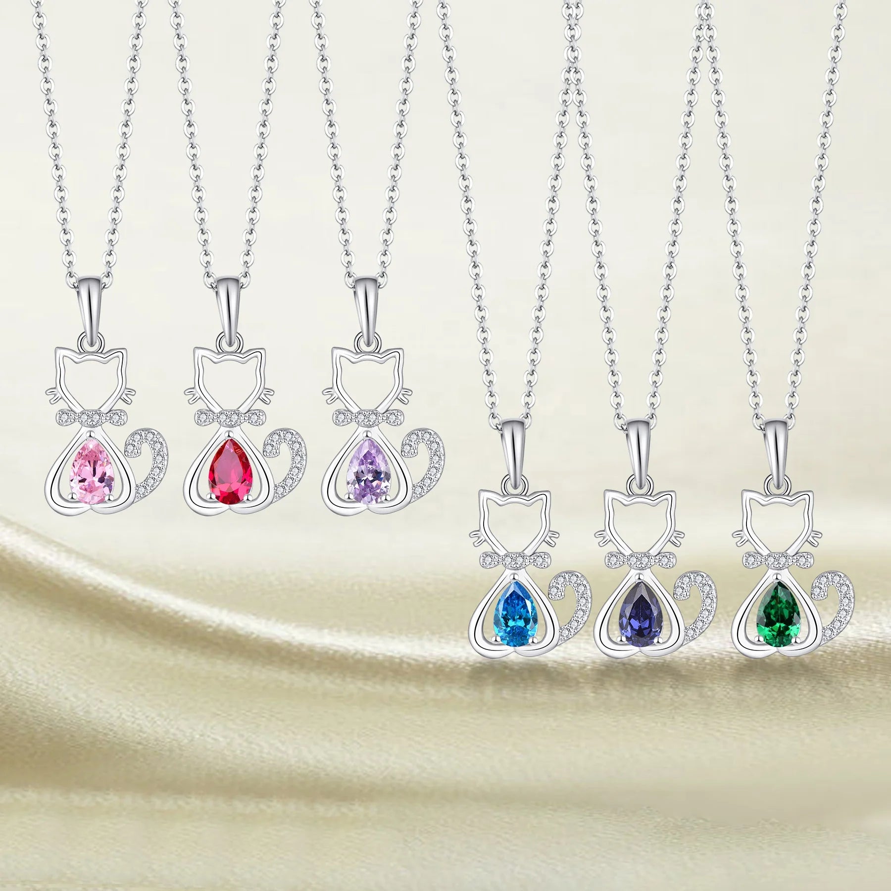 YILUN 925 Sterling Silver Cat Pendant Necklace with Multicolor Gemstone Teardrop Design Fine Jewelry for Women & Girls