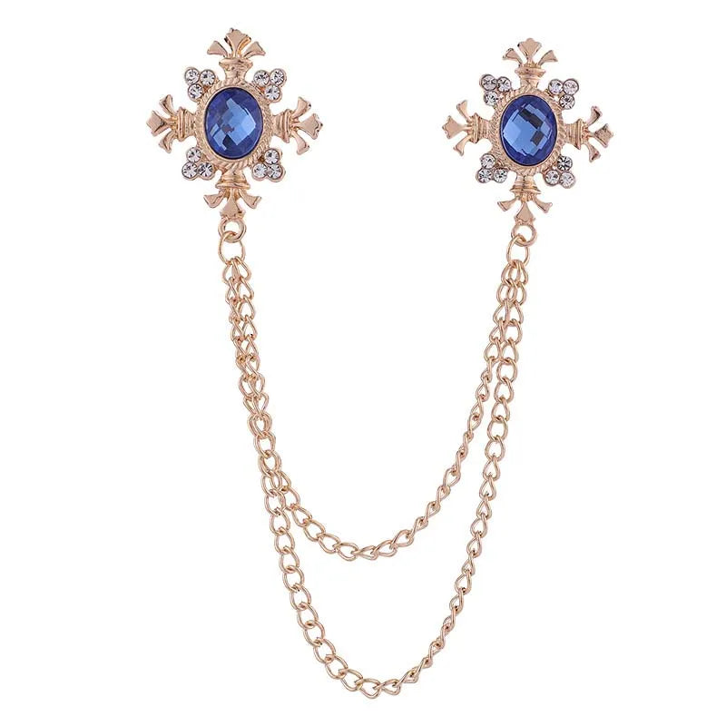 Retro Crystal Rhinestone Cross Chain Brooches Men's Corsage Ladies Shirt Collar Brooch Personality Collar Pin Brooch