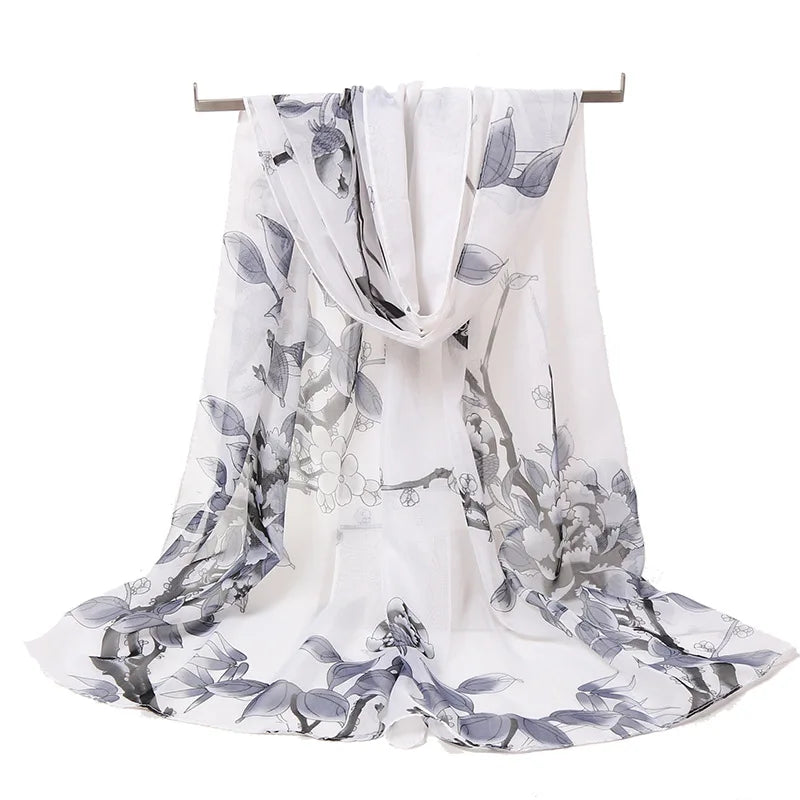 White Printed Silk Chiffon Georgette Scarves and Shawls Beautiful Summer Sun Protect Other  for Women