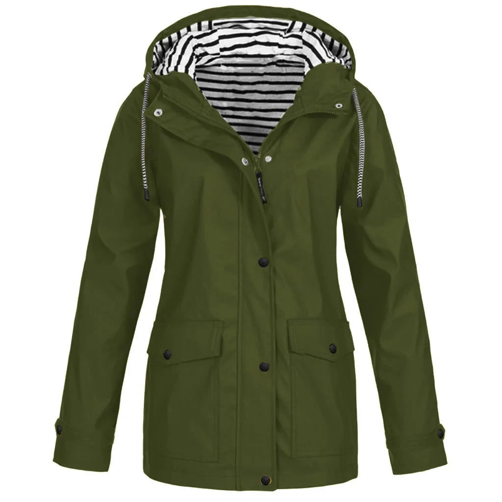 Outdoor Plus Size Solid Hooded Waterproof Raincoat Fall Jackets for Women