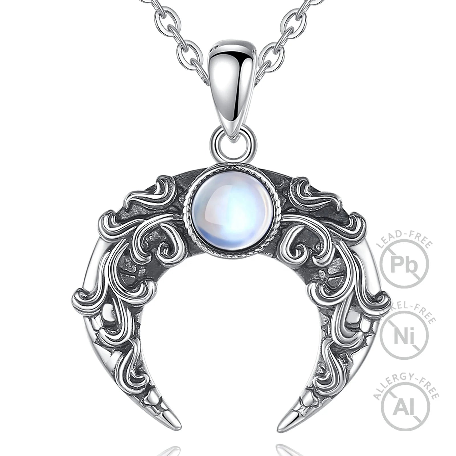 Moonstone Vintage Design 925 Sterling Silver Blue Moon Stone Crescent Moon Pendant Necklace for Women or Men