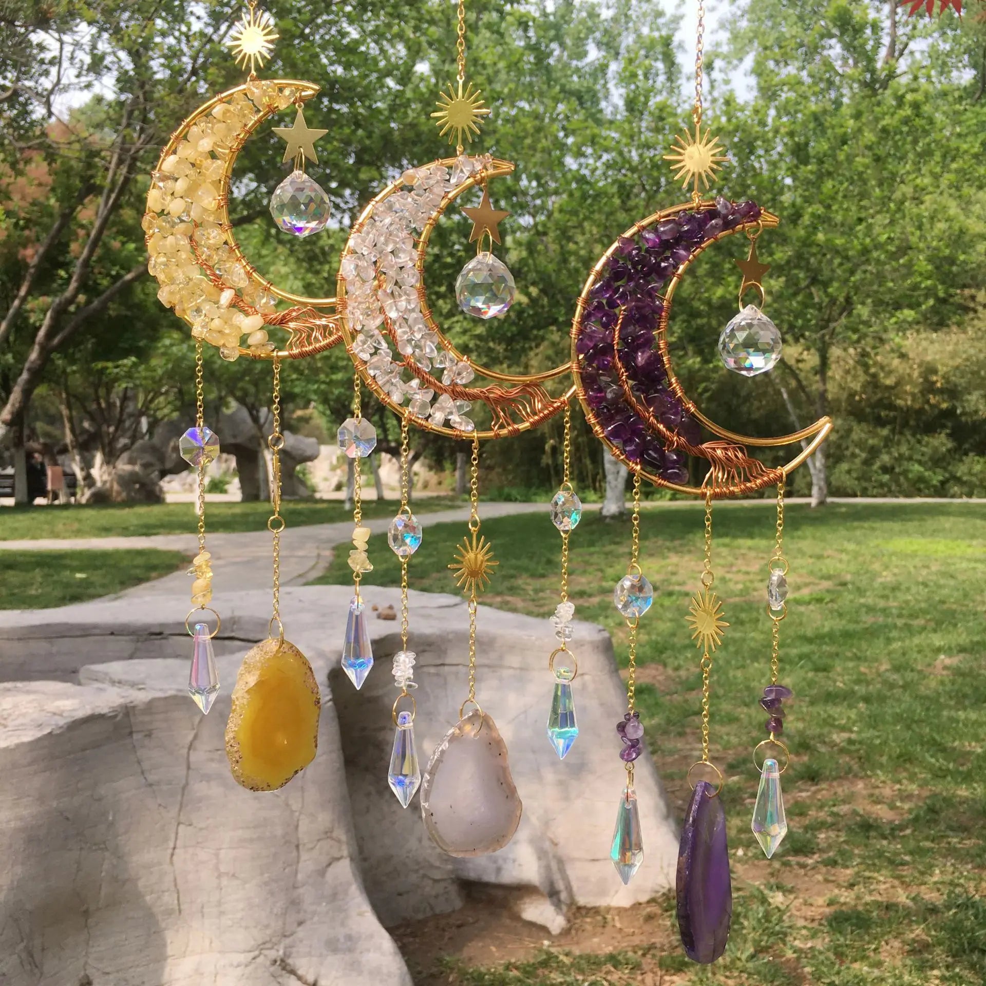Natural Moon Crystal Tree of Life Sun Catcher Wind Chimes with Stone Leaf Hanging Unique Home Decorative Crystal Craft