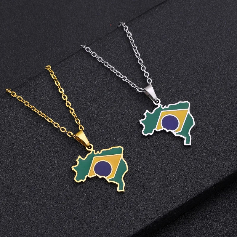Manufacturer Brazil Map Chain Necklaces Enameled Stainless Steel 18K Gold Plated Enamel Brazil Flag Map Pendant Necklace