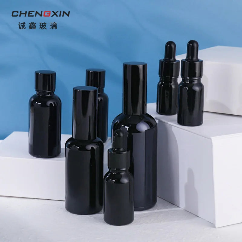 Essence Bottle Skin Care Serum & Mascara Stock 50ml Bright Black Glass 30ml 20ml 5ml Square Shape Pump Sprayer