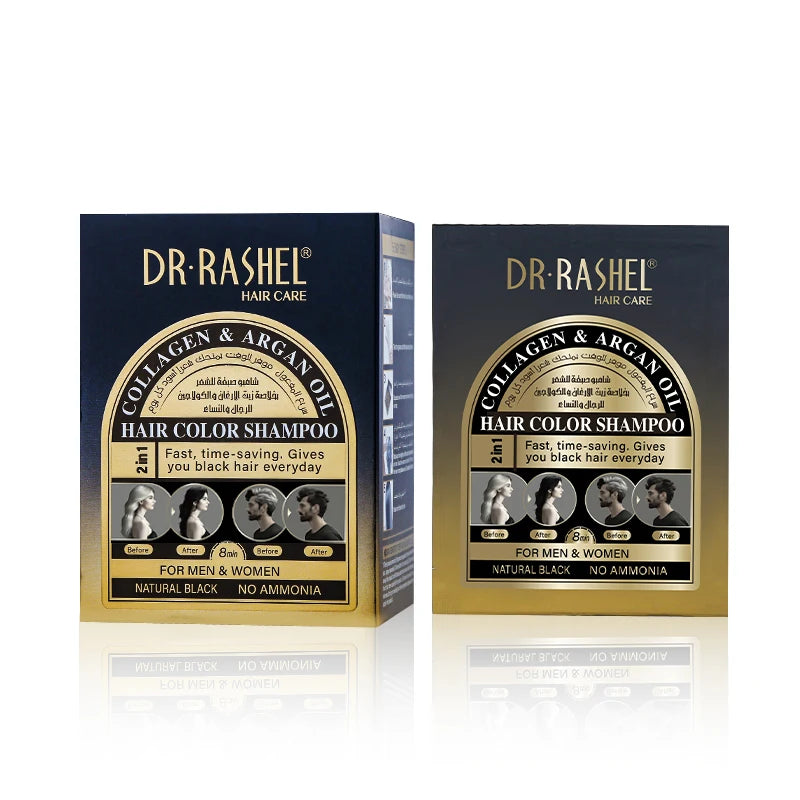 Dr Rashel 25ml*10pcs Travel Size Hair Color Shampoo Collagen Argan Oil Infused Natural Black Dye Refreshing Nourishing Cream