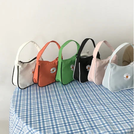 Women Small Handbag Daisy Embroidery Ladies' Vintage Underarm Zipper Half Moon Tote Bags